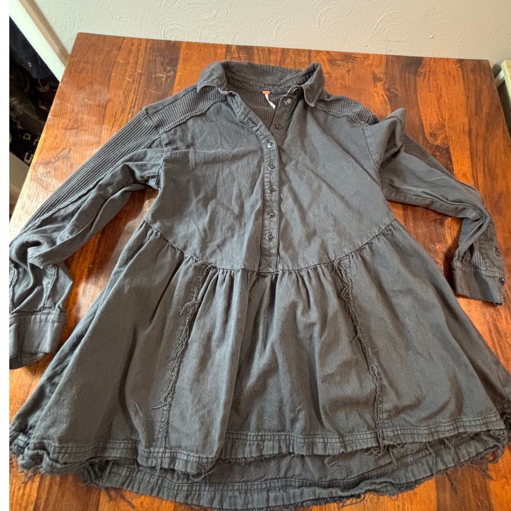 Free People Charcoal Grey Waffle Knit Mixed Media Babydoll Tunic Top Small